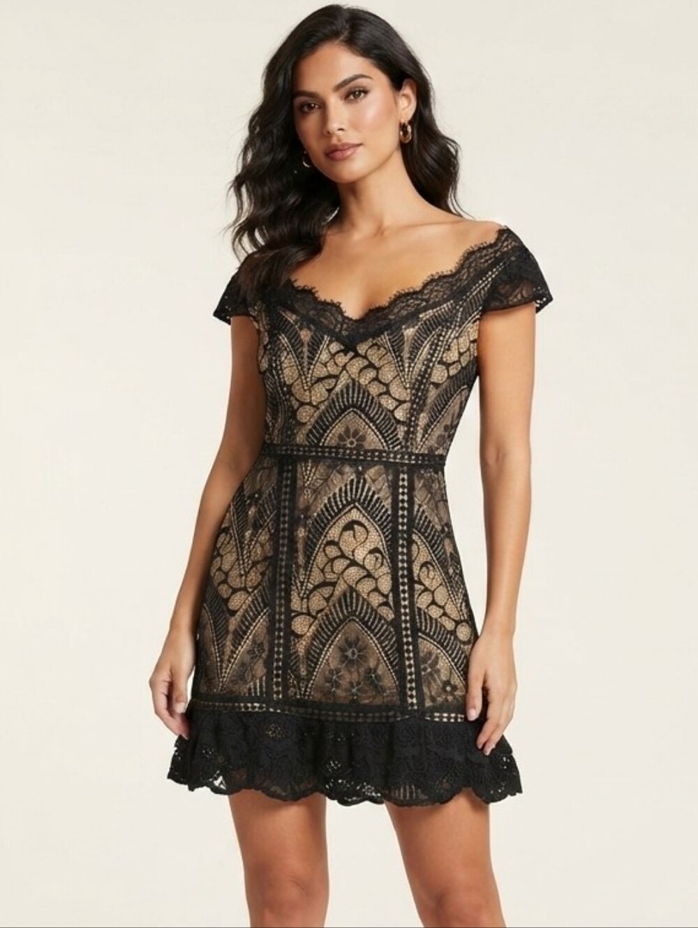 Signature8 Black Lace with Nude Lining Cap-Sleeve Mini Dress